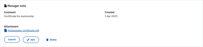 Screenshot: Manager Note Submit, Delete, and Edit buttons